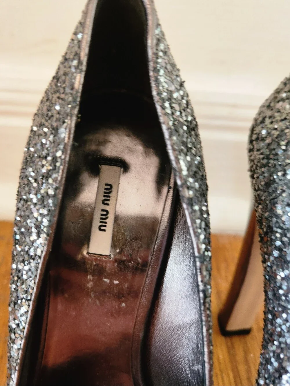 Vintage MIU MIU Platform Gunmetal Glitter Pumps Y2K